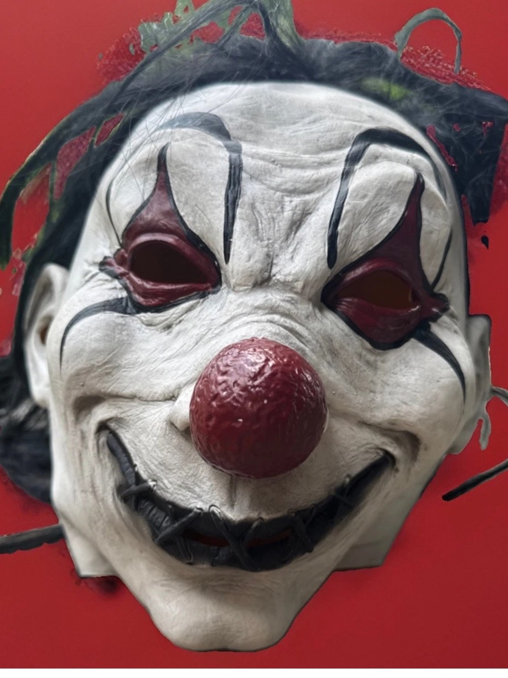 Rubber Scary Clown Costume Mask in White and Red Sewn mouth Sewn on hair
